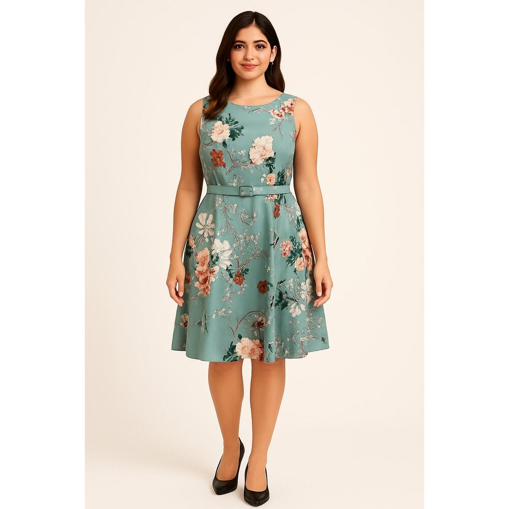 Grace Karin Women's XL Sleeveless Floral Fit and Flare Dress Teal Multicolor